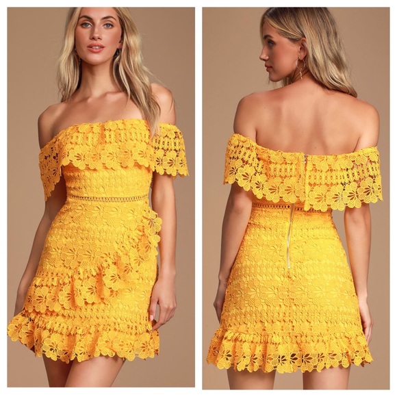 yellow lace off the shoulder dress
